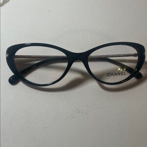 Authentic CHANEL Black Cat-Eye Glasses 3296-B c.501 silver temples with stones